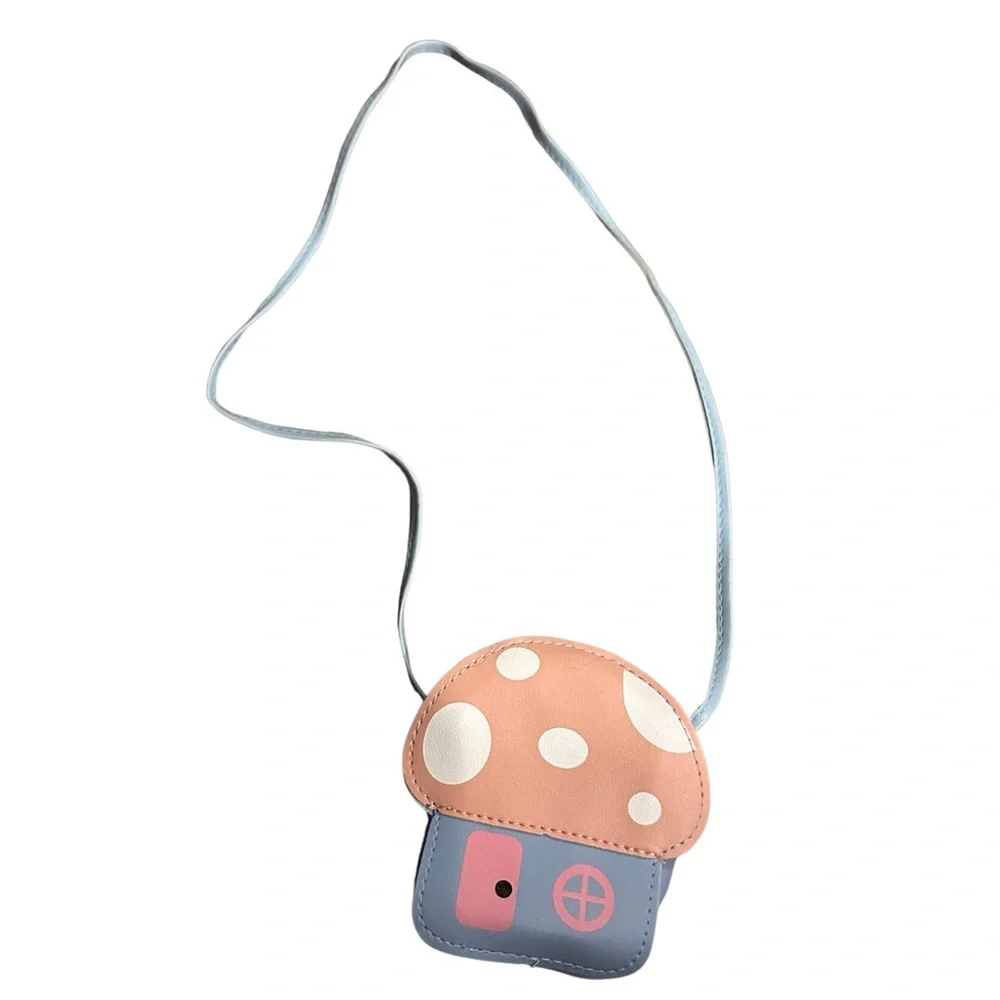 Kids faux leather mushroom crossbody purse blue pink - Picture 1 of 4